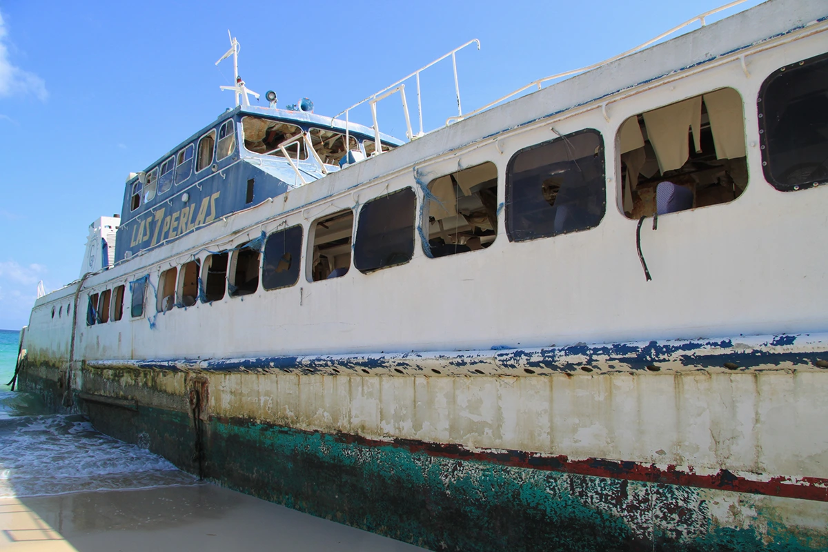 The exterior of Las Perlas 7. Nearly all windows were pilfered from the ship.