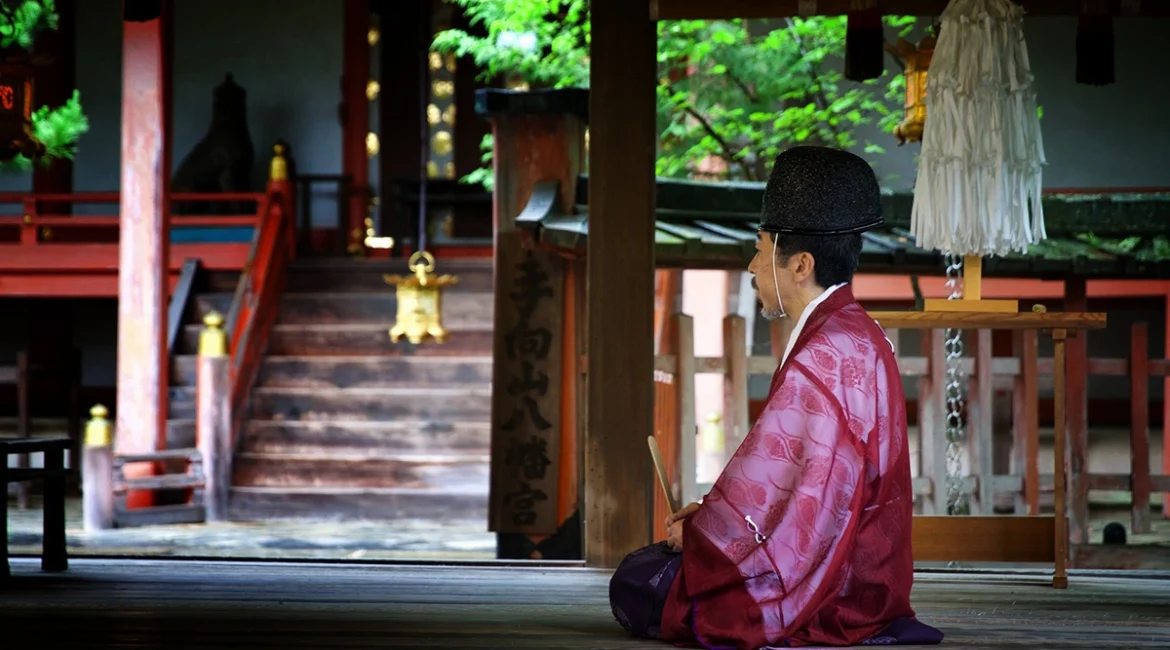 A silence ceremony begins at a shrine on the outskirts of Nara Prefecture.