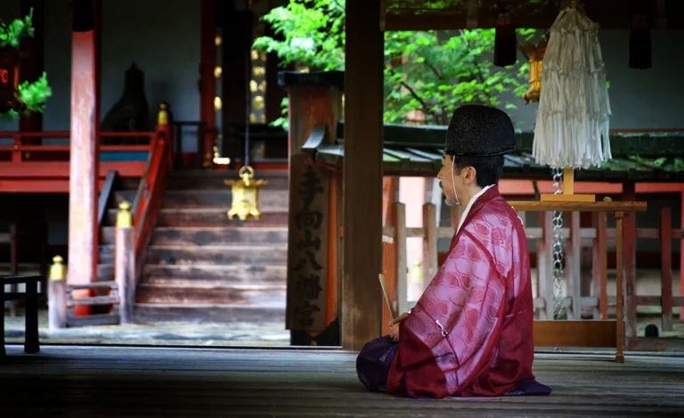 A silence ceremony begins at a shrine on the outskirts of Nara Prefecture.