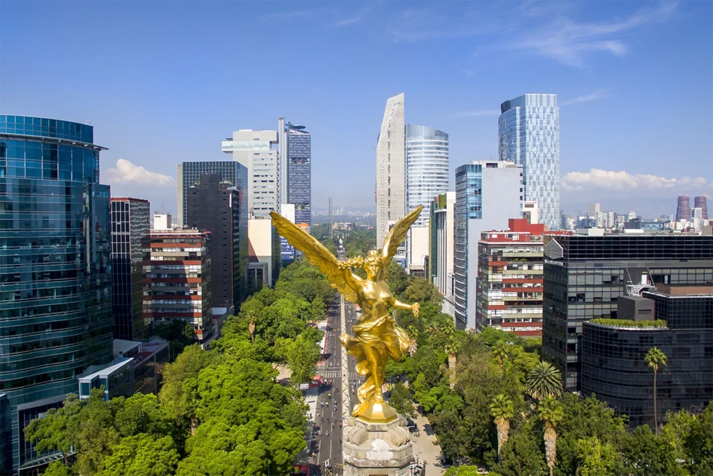 The Angel of Independence, located in one of the busiest and most tourist-visited areas of Mexico City, along Paseo de la Reforma Avenue.